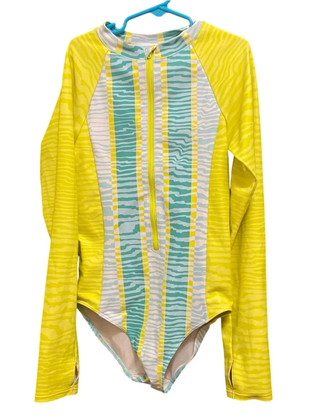 Zella Girl Yellow and Aqua Long Sleeve One-Piece Rash Guard